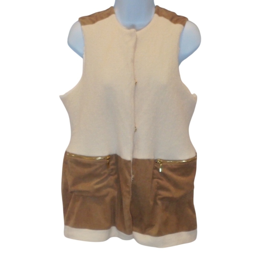 Chico's Wool Faux Suede Colorblock Vest Tan Cream Size 2 Large